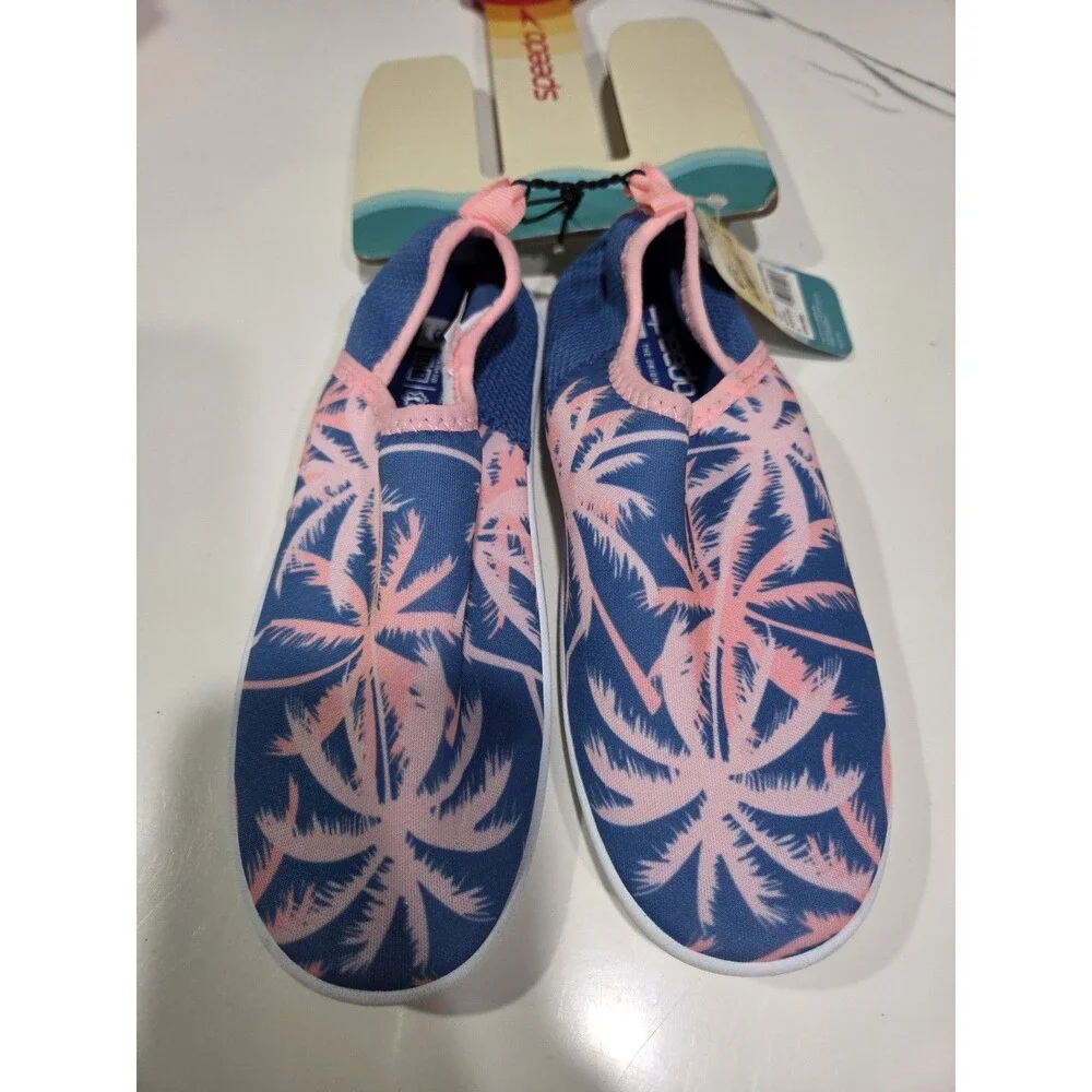 Speedo Girls 13-1 Pull On Water Shoes Beach Booties Blue Pink Palm Trees Shoe2